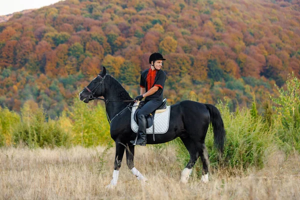 息をのむような景色の山の中で黒い馬に乗ってハンサムな男 山の中で馬に乗って素晴らしい プロの男性ジョッキー 馬術スポーツの概念 馬に乗る訓練だ テキストの空間 — ストック写真