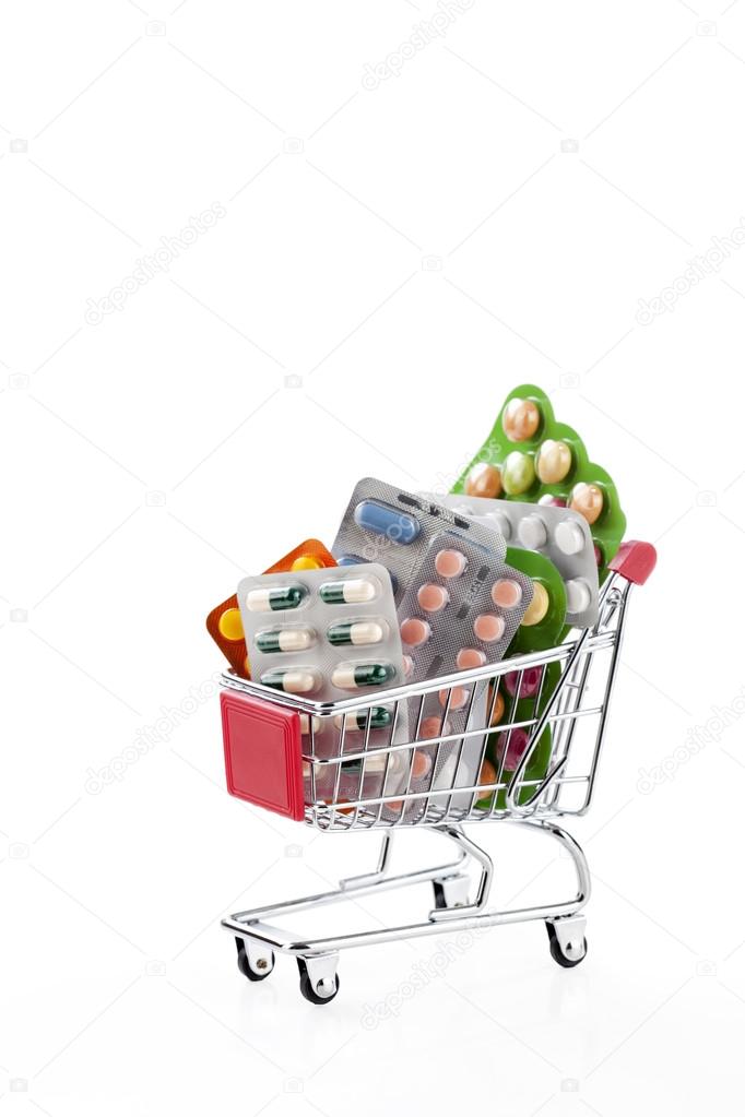 Drugs and pills in supermarket trolley