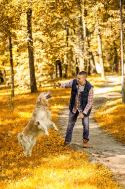 Genç adam bir köpek parkta yürüyüş 
