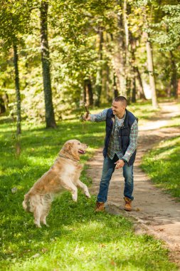 Genç adam bir köpek parkta yürüyüş