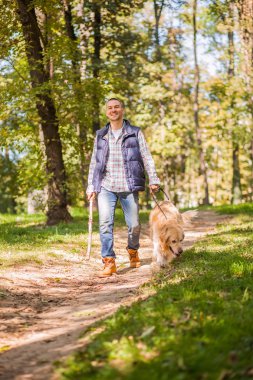 Genç adam bir köpek parkta yürüyüş