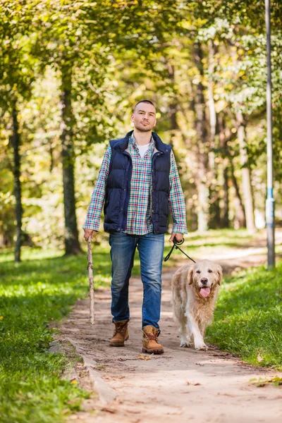 Young man walking a dog at the park