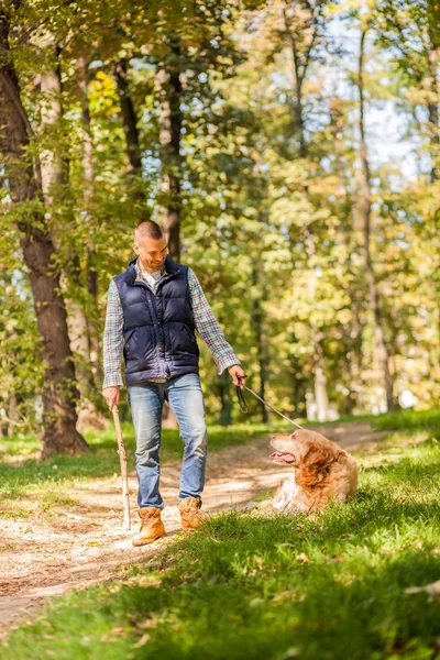 A fiatalember egy kutya séta a parkban — Stock Fotó