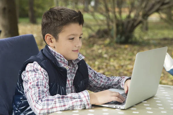 Küçük çocuk parkta onun laptop üzerinde çalışma — Stok fotoğraf