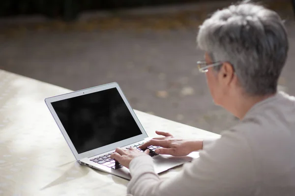 Idősebb nő, egy parkban, laptop számítógép segítségével — Stock Fotó