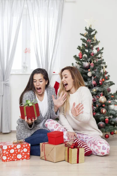 Surprised young women with Christmas present — Stock Photo, Image