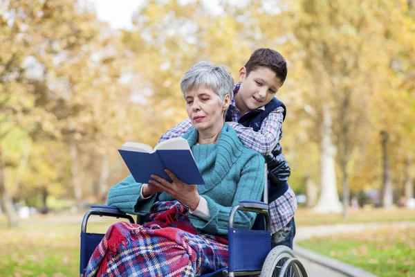 Wnuk z babcią w wózku inwalidzkim w parku — Zdjęcie stockowe