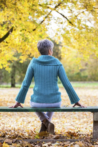 Middle aged woman in the autumn park — Stock Photo, Image