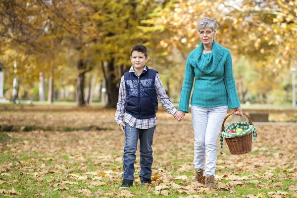 Бабуся і онук збираються на пікнік в осінньому парку — стокове фото