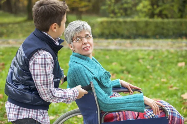 Grandson with grandmother in wheel chair at the park — Stock Photo, Image