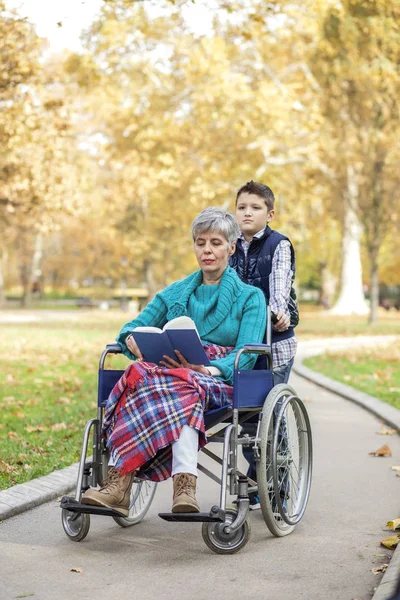 Nipote con nonna in sedia a rotelle al parco — Foto Stock