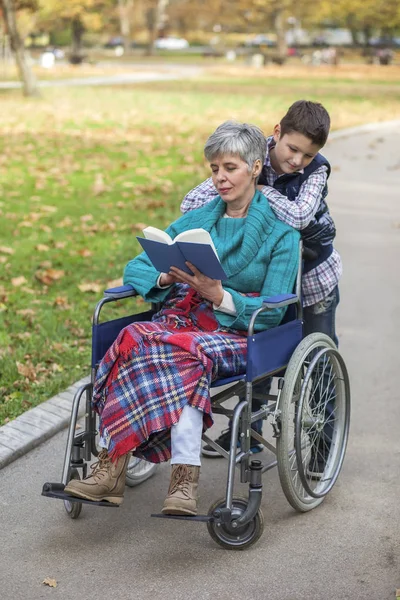 Nipote con nonna in sedia a rotelle al parco — Foto Stock