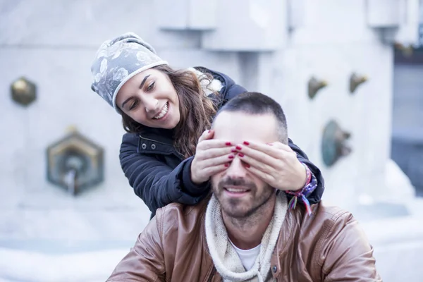 Young couple in love in the city cafe — Stock Photo, Image