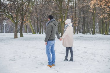 Mutlu çift Kış Park'ta yürüyordunuz 