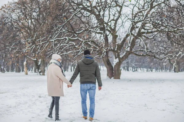 Casal feliz andando no parque de inverno — Fotografia de Stock