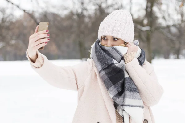 Mulher bonita tirando uma selfie no inverno — Fotografia de Stock