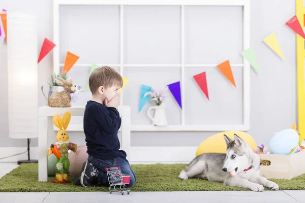 Bébé garçon et chien jouant le jour de Pâques — Photo