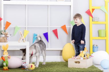 Paskalya gününde köpekle oynamayı erkek bebek