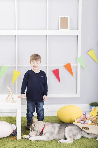 Niño jugando con el perro el día de Pascua — Foto de Stock