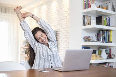 Evde dizüstü bilgisayarda çalışan genç bir kadın.