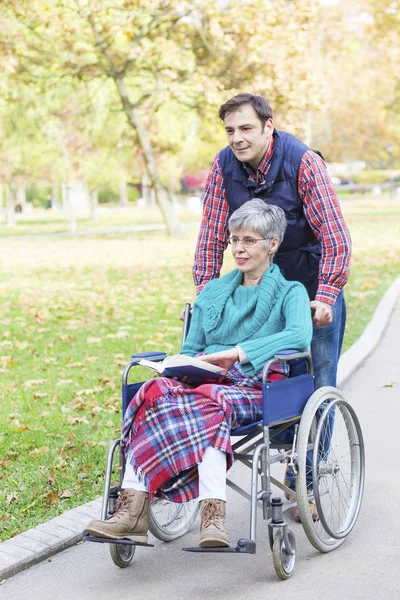 Женщина в инвалидном кресле с сыном, прогуливающимся среди парка — стоковое фото
