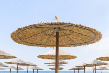 Güneş şemsiyesi ve tropik sahil şeridi üzerinde plaj yataklar