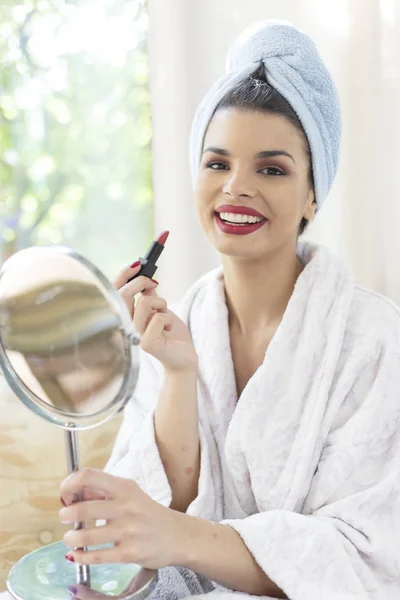 Beautiful Woman Applying Red Lipstick Woman Getting Ready Outgoing — Stock Photo, Image