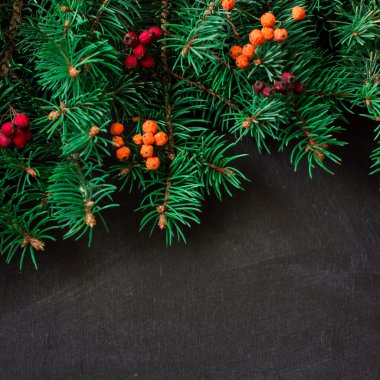 Koyu ahşap tahta üzerinde dekorasyon ile Noel köknar ağacı. yumuşak odak