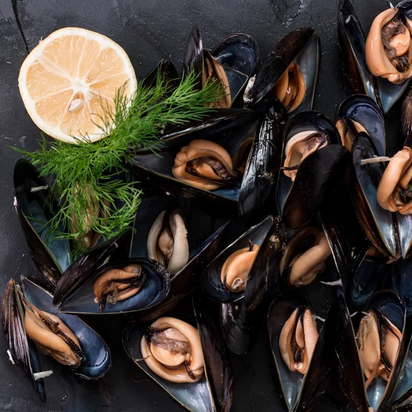 Mejillones en plato de cobre y limón sobre fondo de madera oscura —  Fotos de Stock