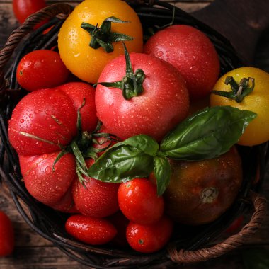 Renkli domates, kırmızı domates, sarı domates, portakal domates, yeşil domates. Domates arka plan. antika ahşap arka plan