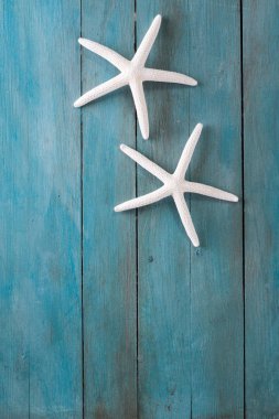 Yaz arka plan mavi arka plan, tatil kartı üzerinde deniz yıldızı ile