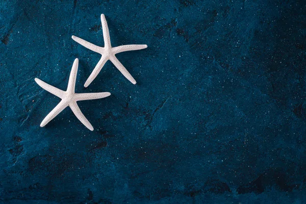 Fondo de verano con estrellas de mar sobre fondo azul, tarjeta de vacaciones — Foto de Stock