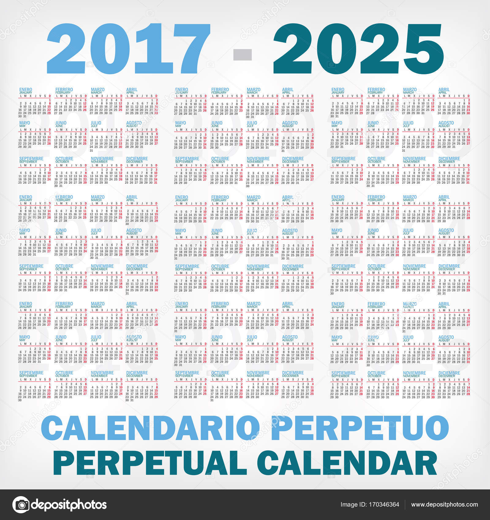 Calendrier perpétuel année 2022 2023 2024 2025