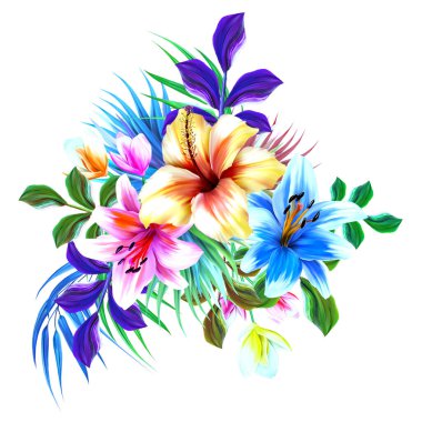 Çiçeksel illüstrasyon - parlak pembe renkli çiçekli buket, yeşil yapraklı, düğün durağanı, selamlar, duvar kağıtları, moda, arka plan, dokular, DIY, ambalajlar, kartlar.