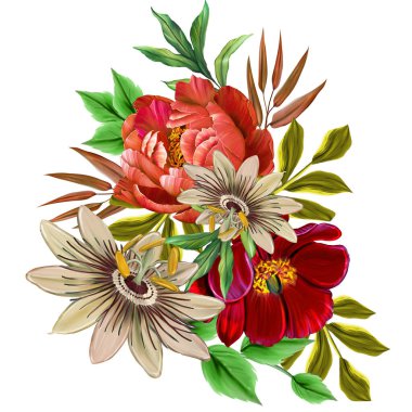 Çiçeksel illüstrasyon - parlak pembe renkli çiçekli buket, yeşil yapraklı, düğün durağanı, selamlar, duvar kağıtları, moda, arka plan, dokular, DIY, ambalajlar, kartlar.