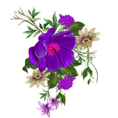 Çiçeksel illüstrasyon - parlak pembe renkli çiçekli buket, yeşil yapraklı, düğün durağanı, selamlar, duvar kağıtları, moda, arka plan, dokular, DIY, ambalajlar, kartlar.