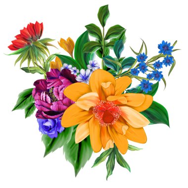 Çiçeksel illüstrasyon - parlak pembe renkli çiçekli buket, yeşil yapraklı, düğün durağanı, selamlar, duvar kağıtları, moda, arka plan, dokular, DIY, ambalajlar, kartlar.