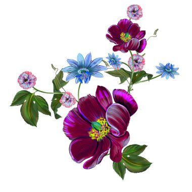 Çiçeksel illüstrasyon - parlak pembe renkli çiçekli buket, yeşil yapraklı, düğün durağanı, selamlar, duvar kağıtları, moda, arka plan, dokular, DIY, ambalajlar, kartlar.