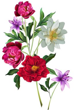 Çiçeksel illüstrasyon - parlak pembe renkli çiçekli buket, yeşil yapraklı, düğün durağanı, selamlar, duvar kağıtları, moda, arka plan, dokular, DIY, ambalajlar, kartlar.