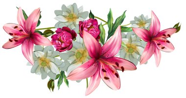 Çiçeksel illüstrasyon - parlak pembe renkli çiçekli buket, yeşil yapraklı, düğün durağanı, selamlar, duvar kağıtları, moda, arka plan, dokular, DIY, ambalajlar, kartlar.