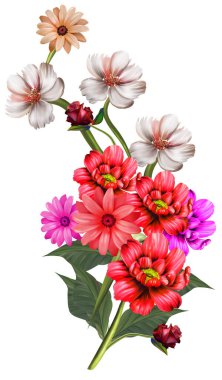 Çiçeksel illüstrasyon - parlak pembe renkli çiçekli buket, yeşil yapraklı, düğün durağanı, selamlar, duvar kağıtları, moda, arka plan, dokular, DIY, ambalajlar, kartlar.