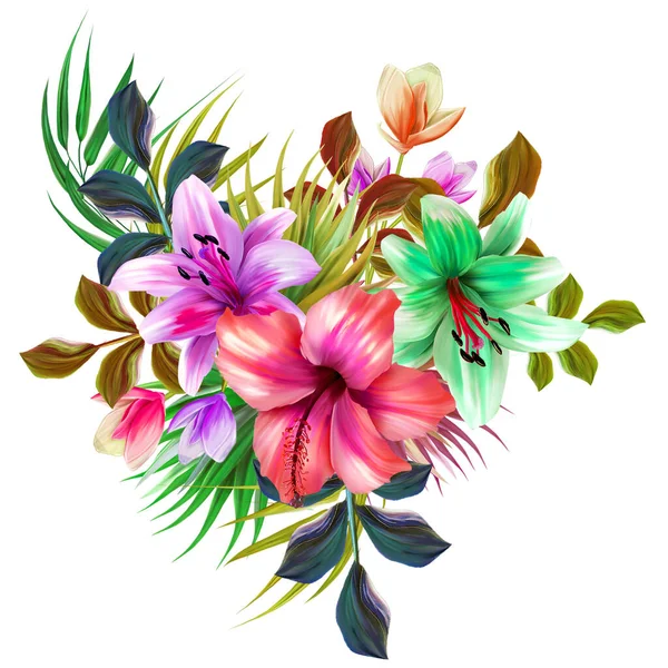 Illustrazione Floreale Bouquet Con Fiori Vivaci Rosa Brillante Foglie Verdi — Foto Stock