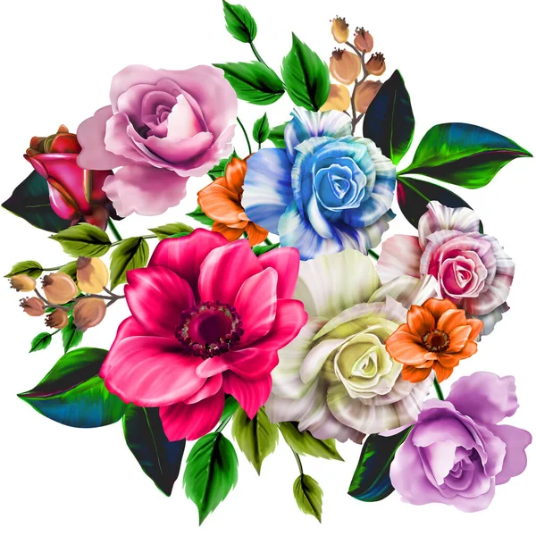 Illustration Florale Bouquet Avec Des Fleurs Vives Rose Vif Feuilles — Photo