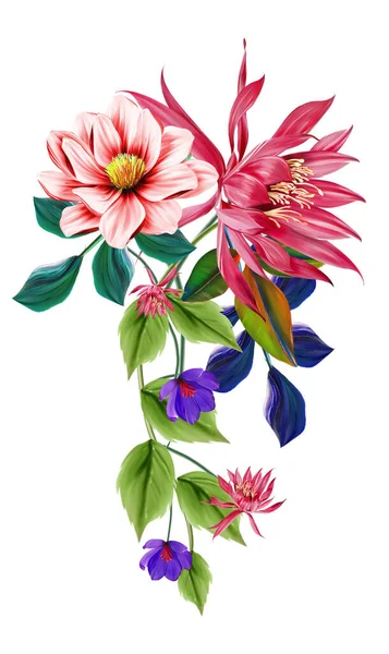 Floral Illustration Μπουκέτο Έντονα Ροζ Λουλούδια Πράσινα Φύλλα Για Στάσιμο — Φωτογραφία Αρχείου