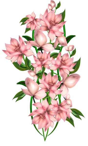 Floral Illustration Μπουκέτο Έντονα Ροζ Λουλούδια Πράσινα Φύλλα Για Στάσιμο — Φωτογραφία Αρχείου
