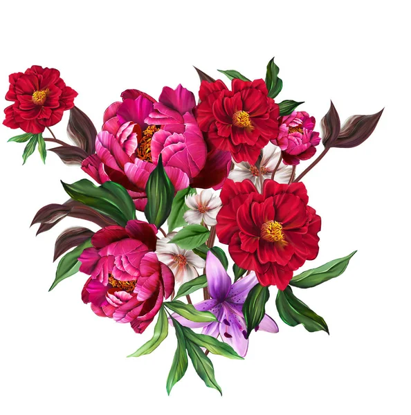 Virágos Illusztráció Csokor Élénk Rózsaszín Élénk Virágok Zöld Levelek Esküvői — Stock Fotó