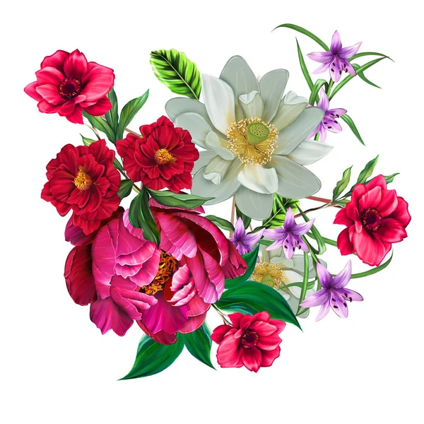 Floral Illustration Μπουκέτο Έντονα Ροζ Λουλούδια Πράσινα Φύλλα Για Στάσιμο — Φωτογραφία Αρχείου