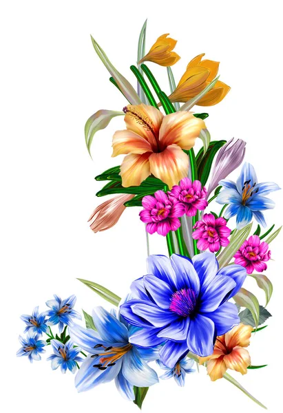 Illustrazione Floreale Bouquet Con Fiori Vivaci Rosa Brillante Foglie Verdi — Foto Stock