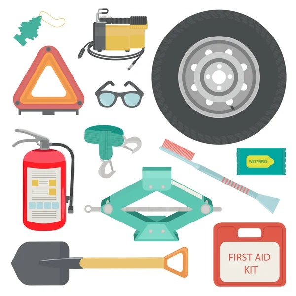 Freshener, sunglasses, wet wipes, tow rope, first aid kit, fire extinguisher, spare wheel, shovel, brush and scraper, warning triangle, car air compressor. — Stock Vector