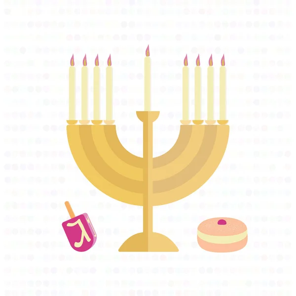 Menorah med ljus, en dreidel och en bulle med sylt. — Stock vektor